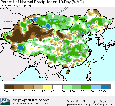 China, Mongolia and Taiwan Percent of Normal Precipitation 10-Day (WMO) Thematic Map For 6/26/2021 - 7/5/2021