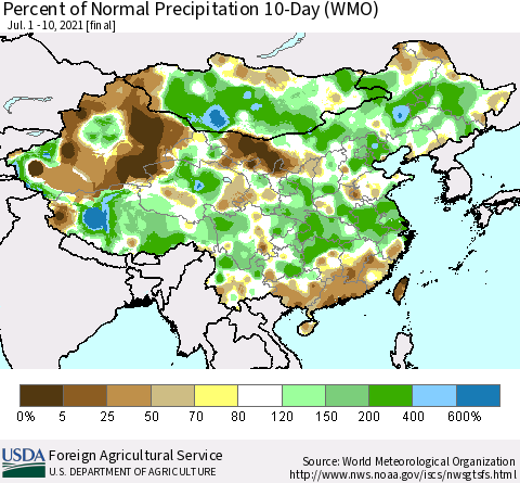 China, Mongolia and Taiwan Percent of Normal Precipitation 10-Day (WMO) Thematic Map For 7/1/2021 - 7/10/2021
