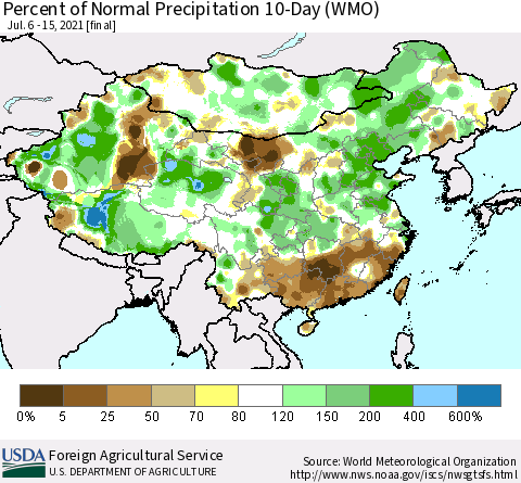 China, Mongolia and Taiwan Percent of Normal Precipitation 10-Day (WMO) Thematic Map For 7/6/2021 - 7/15/2021