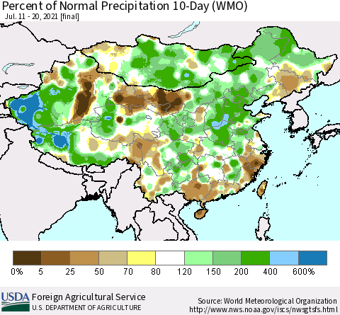 China, Mongolia and Taiwan Percent of Normal Precipitation 10-Day (WMO) Thematic Map For 7/11/2021 - 7/20/2021