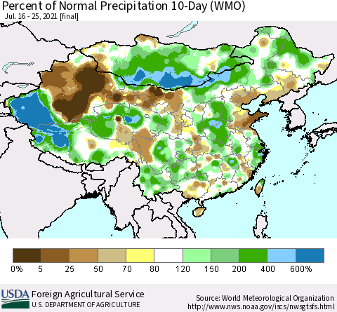 China, Mongolia and Taiwan Percent of Normal Precipitation 10-Day (WMO) Thematic Map For 7/16/2021 - 7/25/2021