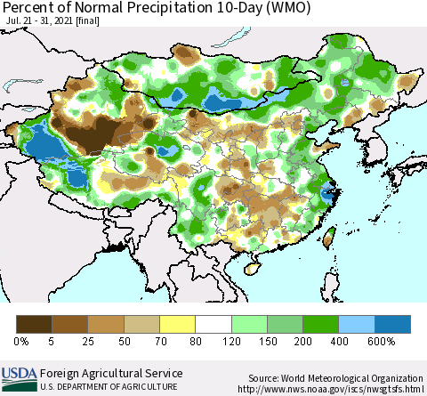 China, Mongolia and Taiwan Percent of Normal Precipitation 10-Day (WMO) Thematic Map For 7/21/2021 - 7/31/2021
