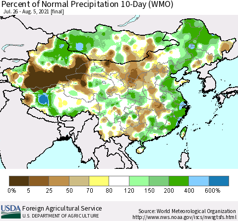 China, Mongolia and Taiwan Percent of Normal Precipitation 10-Day (WMO) Thematic Map For 7/26/2021 - 8/5/2021