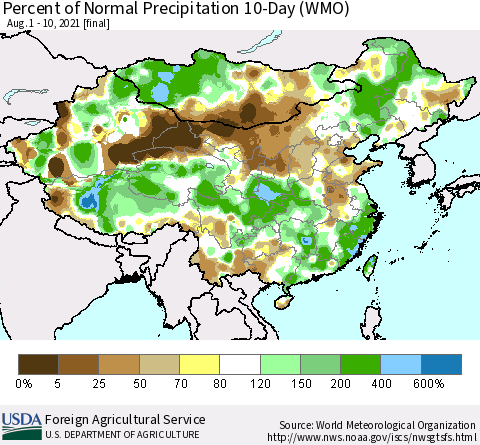 China, Mongolia and Taiwan Percent of Normal Precipitation 10-Day (WMO) Thematic Map For 8/1/2021 - 8/10/2021