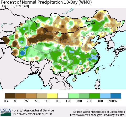 China, Mongolia and Taiwan Percent of Normal Precipitation 10-Day (WMO) Thematic Map For 8/6/2021 - 8/15/2021