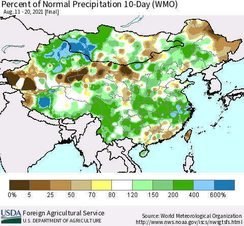 China, Mongolia and Taiwan Percent of Normal Precipitation 10-Day (WMO) Thematic Map For 8/11/2021 - 8/20/2021
