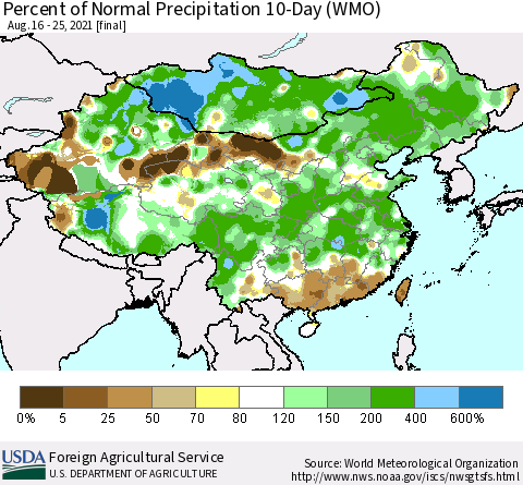 China, Mongolia and Taiwan Percent of Normal Precipitation 10-Day (WMO) Thematic Map For 8/16/2021 - 8/25/2021