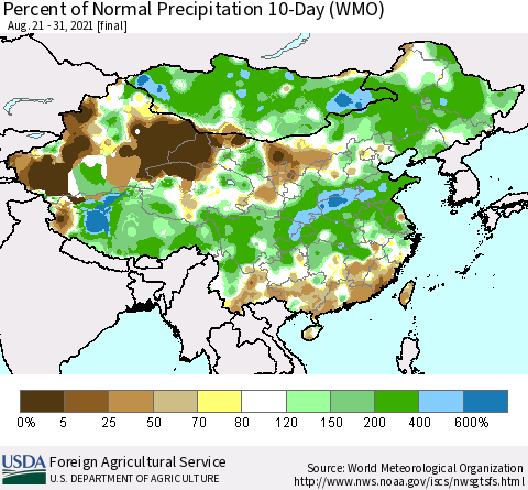 China, Mongolia and Taiwan Percent of Normal Precipitation 10-Day (WMO) Thematic Map For 8/21/2021 - 8/31/2021
