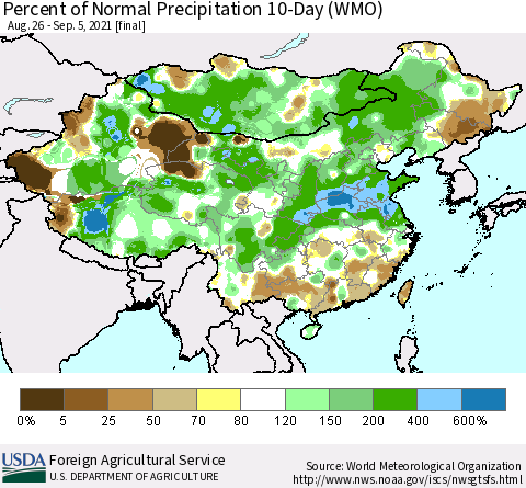 China, Mongolia and Taiwan Percent of Normal Precipitation 10-Day (WMO) Thematic Map For 8/26/2021 - 9/5/2021