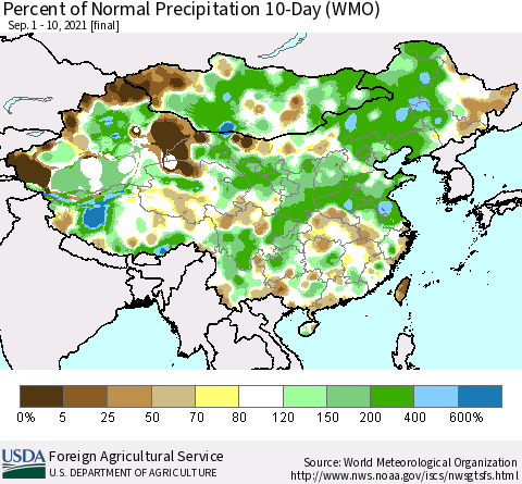 China, Mongolia and Taiwan Percent of Normal Precipitation 10-Day (WMO) Thematic Map For 9/1/2021 - 9/10/2021