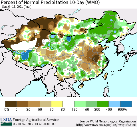China, Mongolia and Taiwan Percent of Normal Precipitation 10-Day (WMO) Thematic Map For 9/6/2021 - 9/15/2021