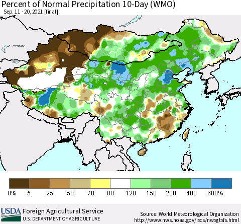 China, Mongolia and Taiwan Percent of Normal Precipitation 10-Day (WMO) Thematic Map For 9/11/2021 - 9/20/2021
