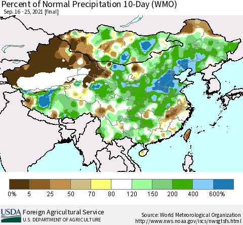 China, Mongolia and Taiwan Percent of Normal Precipitation 10-Day (WMO) Thematic Map For 9/16/2021 - 9/25/2021