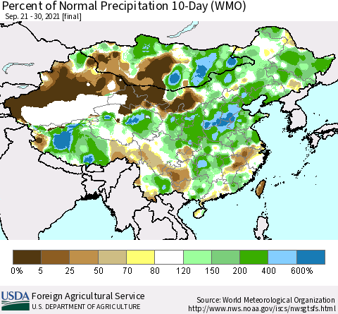 China, Mongolia and Taiwan Percent of Normal Precipitation 10-Day (WMO) Thematic Map For 9/21/2021 - 9/30/2021
