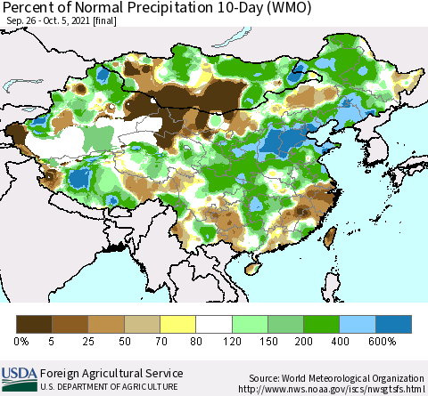 China, Mongolia and Taiwan Percent of Normal Precipitation 10-Day (WMO) Thematic Map For 9/26/2021 - 10/5/2021