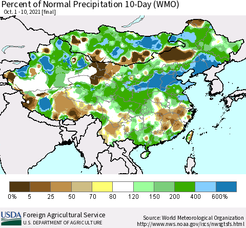 China, Mongolia and Taiwan Percent of Normal Precipitation 10-Day (WMO) Thematic Map For 10/1/2021 - 10/10/2021