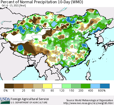China, Mongolia and Taiwan Percent of Normal Precipitation 10-Day (WMO) Thematic Map For 10/6/2021 - 10/15/2021