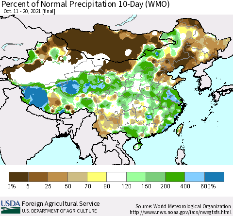 China, Mongolia and Taiwan Percent of Normal Precipitation 10-Day (WMO) Thematic Map For 10/11/2021 - 10/20/2021
