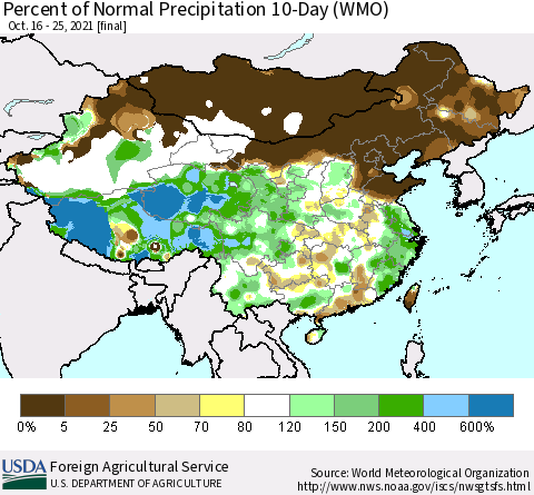 China, Mongolia and Taiwan Percent of Normal Precipitation 10-Day (WMO) Thematic Map For 10/16/2021 - 10/25/2021