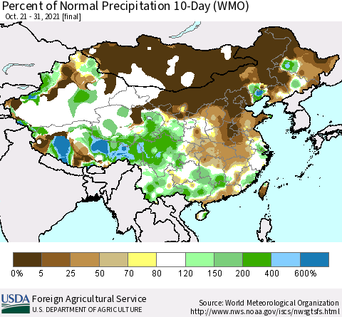 China, Mongolia and Taiwan Percent of Normal Precipitation 10-Day (WMO) Thematic Map For 10/21/2021 - 10/31/2021