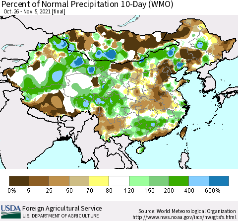 China, Mongolia and Taiwan Percent of Normal Precipitation 10-Day (WMO) Thematic Map For 10/26/2021 - 11/5/2021