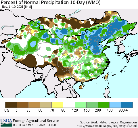 China, Mongolia and Taiwan Percent of Normal Precipitation 10-Day (WMO) Thematic Map For 11/1/2021 - 11/10/2021