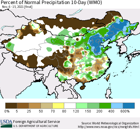 China, Mongolia and Taiwan Percent of Normal Precipitation 10-Day (WMO) Thematic Map For 11/6/2021 - 11/15/2021