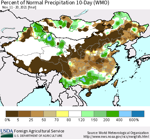 China, Mongolia and Taiwan Percent of Normal Precipitation 10-Day (WMO) Thematic Map For 11/11/2021 - 11/20/2021