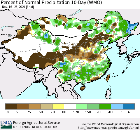 China, Mongolia and Taiwan Percent of Normal Precipitation 10-Day (WMO) Thematic Map For 11/16/2021 - 11/25/2021