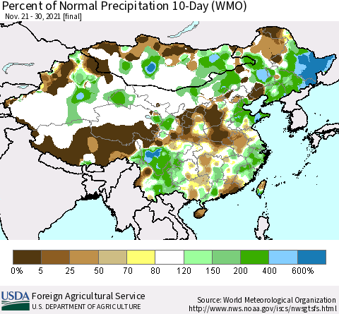 China, Mongolia and Taiwan Percent of Normal Precipitation 10-Day (WMO) Thematic Map For 11/21/2021 - 11/30/2021