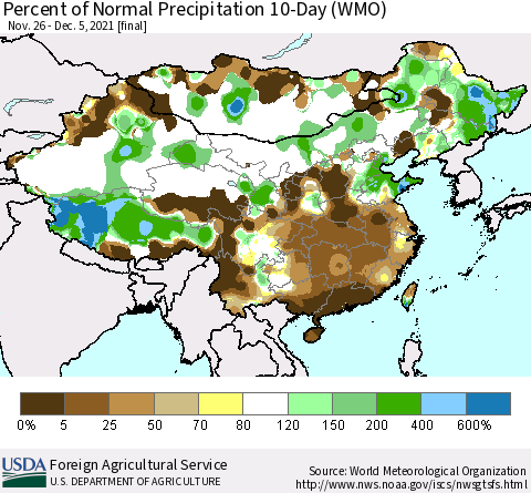 China, Mongolia and Taiwan Percent of Normal Precipitation 10-Day (WMO) Thematic Map For 11/26/2021 - 12/5/2021