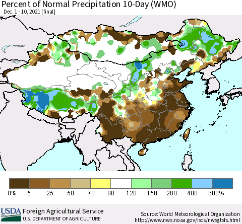 China, Mongolia and Taiwan Percent of Normal Precipitation 10-Day (WMO) Thematic Map For 12/1/2021 - 12/10/2021