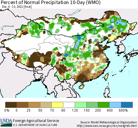 China, Mongolia and Taiwan Percent of Normal Precipitation 10-Day (WMO) Thematic Map For 12/6/2021 - 12/15/2021
