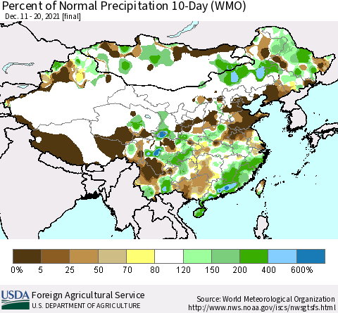 China, Mongolia and Taiwan Percent of Normal Precipitation 10-Day (WMO) Thematic Map For 12/11/2021 - 12/20/2021