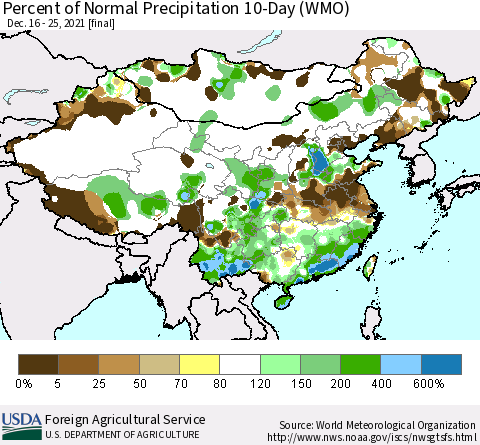 China, Mongolia and Taiwan Percent of Normal Precipitation 10-Day (WMO) Thematic Map For 12/16/2021 - 12/25/2021