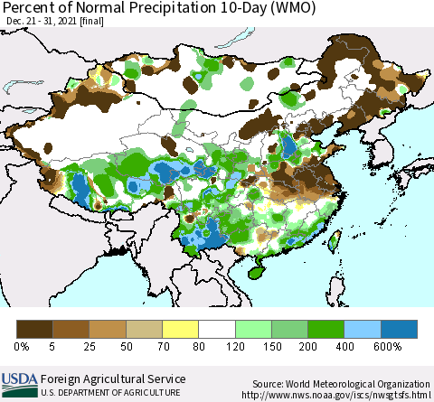 China, Mongolia and Taiwan Percent of Normal Precipitation 10-Day (WMO) Thematic Map For 12/21/2021 - 12/31/2021