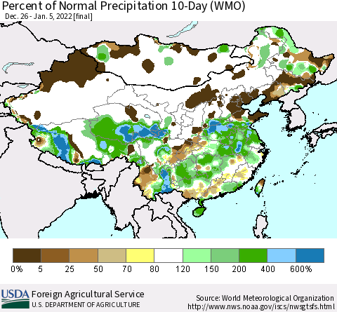China, Mongolia and Taiwan Percent of Normal Precipitation 10-Day (WMO) Thematic Map For 12/26/2021 - 1/5/2022