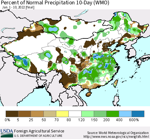 China, Mongolia and Taiwan Percent of Normal Precipitation 10-Day (WMO) Thematic Map For 1/1/2022 - 1/10/2022