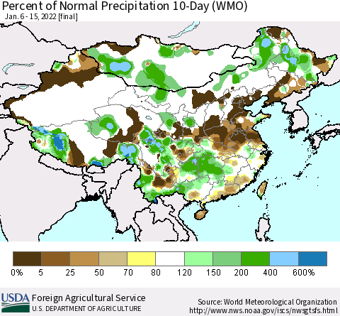 China, Mongolia and Taiwan Percent of Normal Precipitation 10-Day (WMO) Thematic Map For 1/6/2022 - 1/15/2022