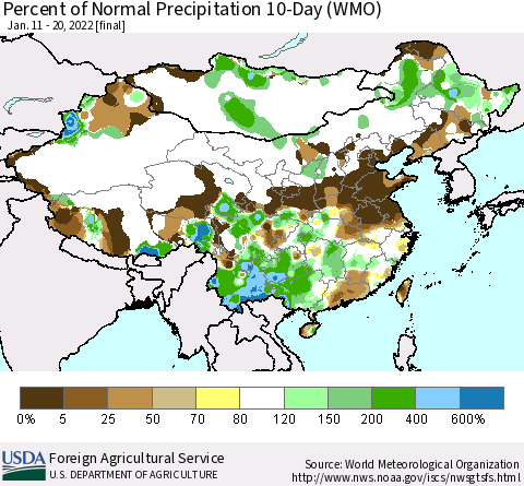 China, Mongolia and Taiwan Percent of Normal Precipitation 10-Day (WMO) Thematic Map For 1/11/2022 - 1/20/2022