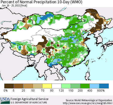 China, Mongolia and Taiwan Percent of Normal Precipitation 10-Day (WMO) Thematic Map For 1/16/2022 - 1/25/2022