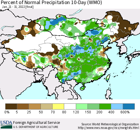 China, Mongolia and Taiwan Percent of Normal Precipitation 10-Day (WMO) Thematic Map For 1/21/2022 - 1/31/2022