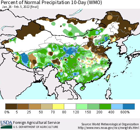 China, Mongolia and Taiwan Percent of Normal Precipitation 10-Day (WMO) Thematic Map For 1/26/2022 - 2/5/2022