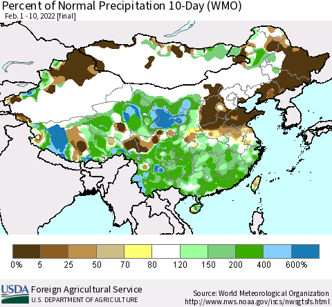 China, Mongolia and Taiwan Percent of Normal Precipitation 10-Day (WMO) Thematic Map For 2/1/2022 - 2/10/2022