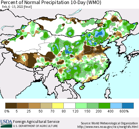 China, Mongolia and Taiwan Percent of Normal Precipitation 10-Day (WMO) Thematic Map For 2/6/2022 - 2/15/2022