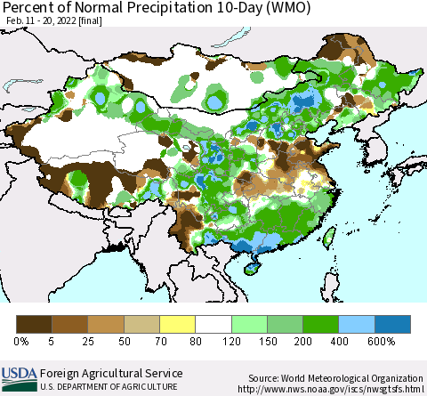 China, Mongolia and Taiwan Percent of Normal Precipitation 10-Day (WMO) Thematic Map For 2/11/2022 - 2/20/2022
