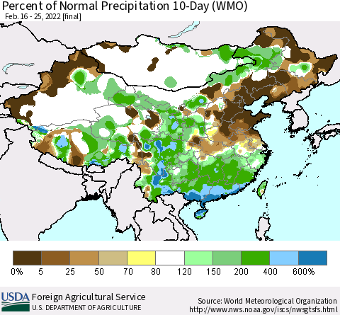 China, Mongolia and Taiwan Percent of Normal Precipitation 10-Day (WMO) Thematic Map For 2/16/2022 - 2/25/2022