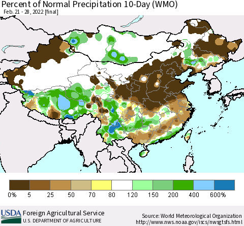 China, Mongolia and Taiwan Percent of Normal Precipitation 10-Day (WMO) Thematic Map For 2/21/2022 - 2/28/2022