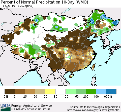 China, Mongolia and Taiwan Percent of Normal Precipitation 10-Day (WMO) Thematic Map For 2/26/2022 - 3/5/2022