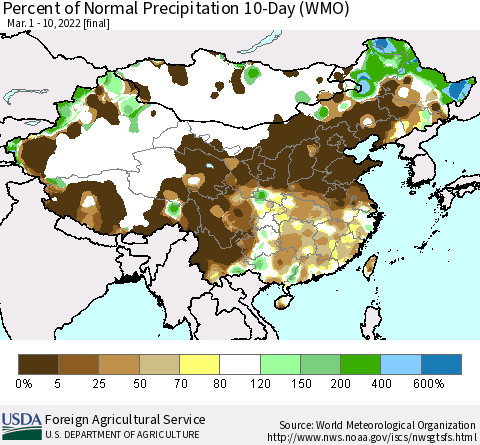China, Mongolia and Taiwan Percent of Normal Precipitation 10-Day (WMO) Thematic Map For 3/1/2022 - 3/10/2022